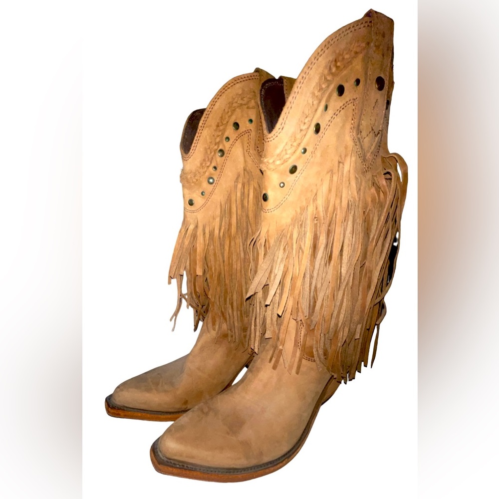 LIBERTY BLACK FRINGE BRAIDED LEATHER STACKED HEELS COWBOY WESTERN BOOTS 9